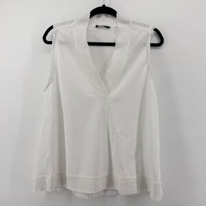 Maven West White Sleeveless‎ Top Ribbed Trim V Neck Frayed Edges Women's Large